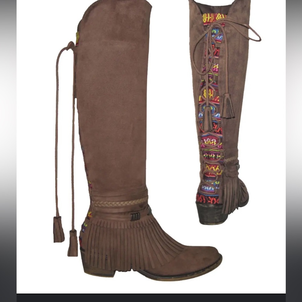 HOT TOMATO KNEE HIGH BROWN AZTEC FRINGE BOOTS